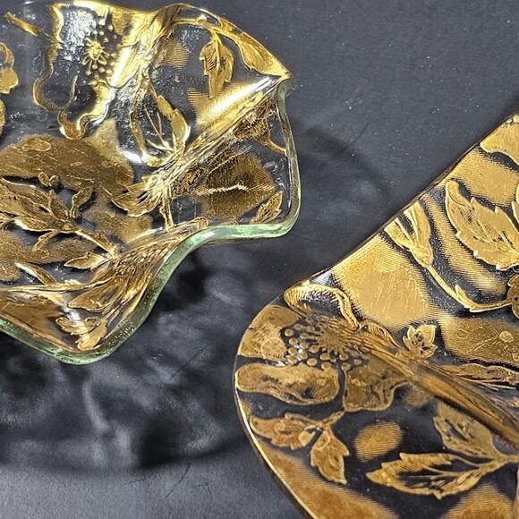 Vtg Set of 2 Ricco Verre Midcentury Hollywood Regency 22k Gold Trinket Dishes - Picture 10 of 10